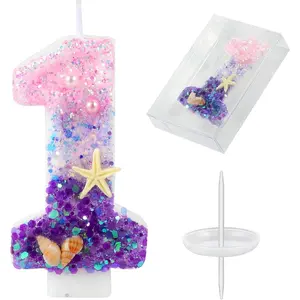 Birthday Candles Pink and Purple Number 1 Candles Decorated with Conchs Starfish and Pearls for Mermaid Theme Party Cake Topper Supplies