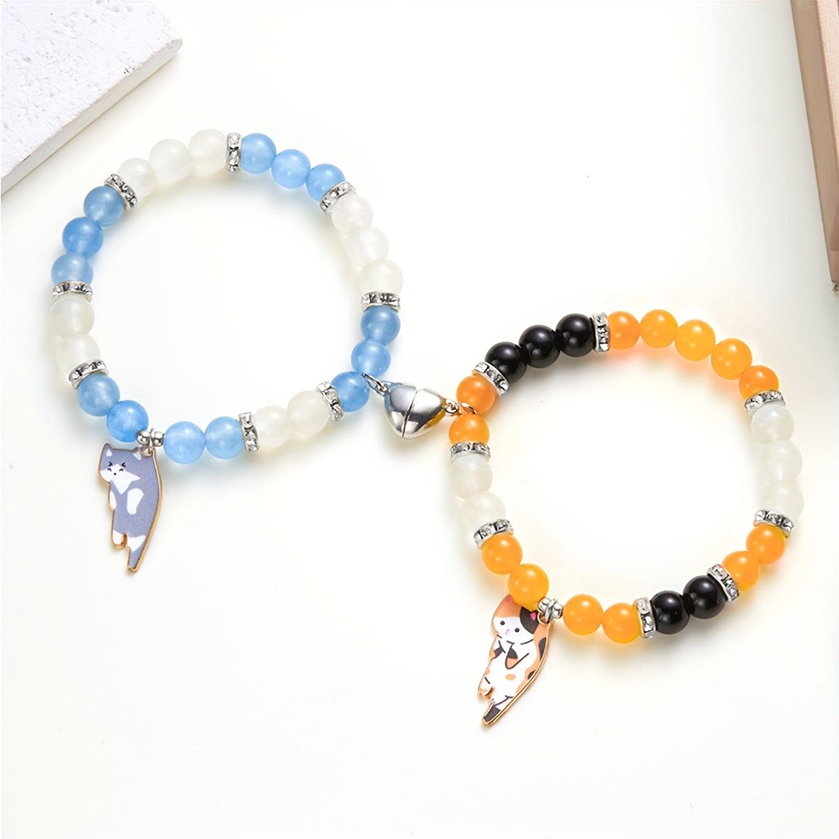 2pcs Magnetic Couple Bracelets with Cat Charms, Romance Style, Matching Friendship Bracelet Set with Heart Pendant, Creative Gift for Cat Lovers