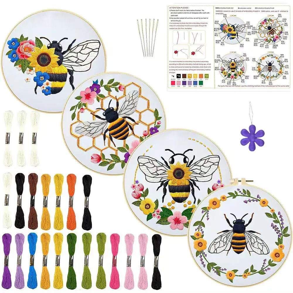 4-Piece Bee and Wreath Embroidery DIY Art Kit, Beginner-Friendly Sewing Set, Embroidery Design Set, Includes Fabric, Thread, Tools, Instructions, Ideal for Craft Lovers