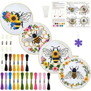 4-Piece Bee and Wreath Embroidery DIY Art Kit, Beginner-Friendly Sewing Set, Includes Fabric, Thread, Tools, Instructions, Ideal for Craft Lovers