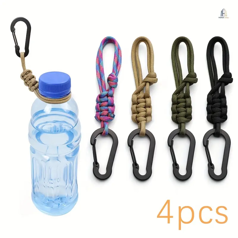 `4‑Pack Hand‑Woven Adjustable Multi‑Use Hat & Water Bottle Hook Clips, Keychain Carabiner, Heavy‑Duty Holder for Caps Water Bottles, Outdoor Gym Travel Portable Gear Accessories`