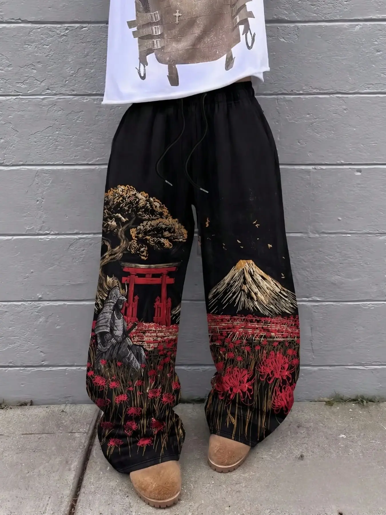 Men's Landscape Print Samurai Fuji Mountain Casual Long Pants, Comfortable Lightweight Daily Wear, Slim-Fitting Drawstring Waist, Graphic