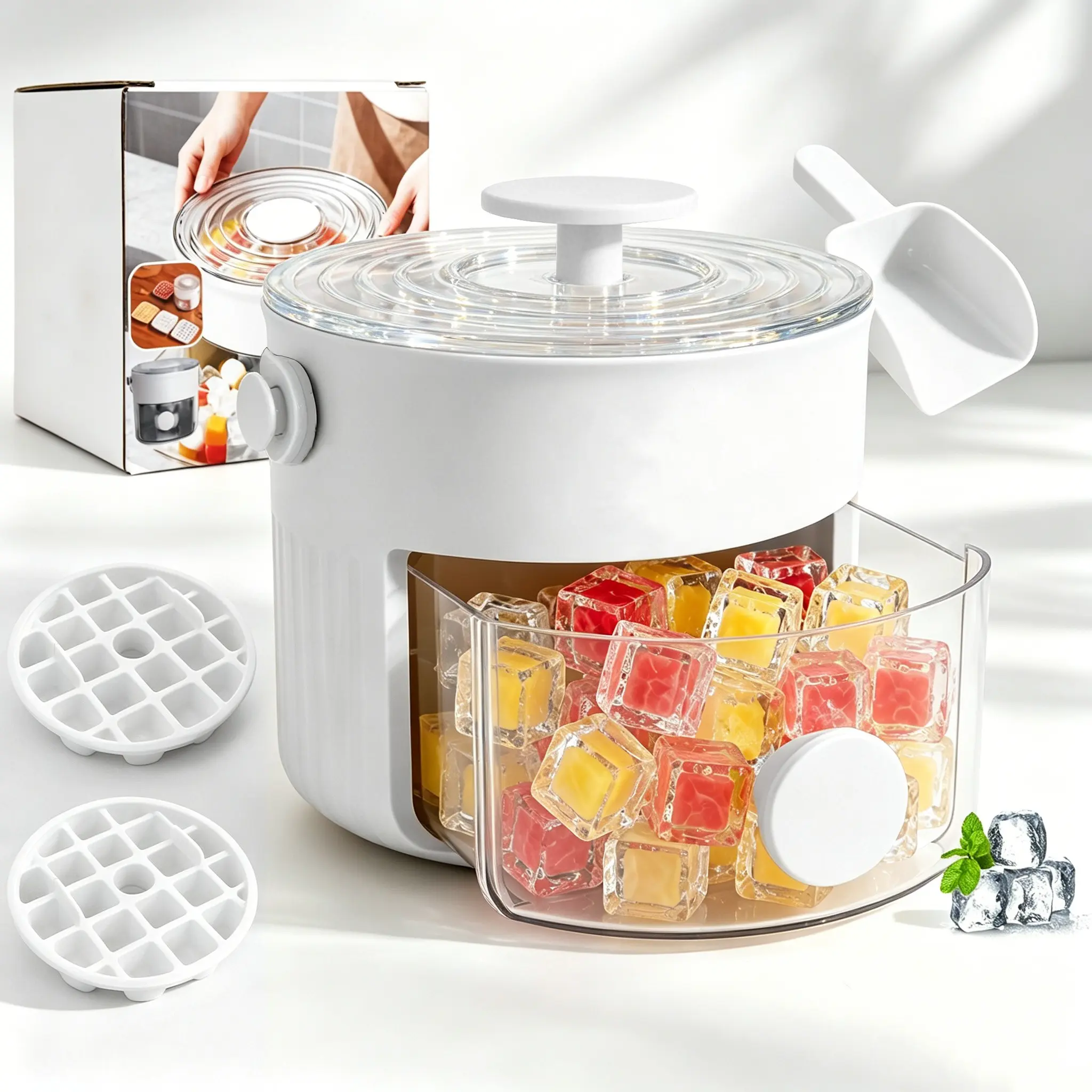 Portable Ice Cube Mold with Storage Container, One-Button Release Freezer Tool, Ideal for Home Kitchen and Bar Utensils Beverage Cooler