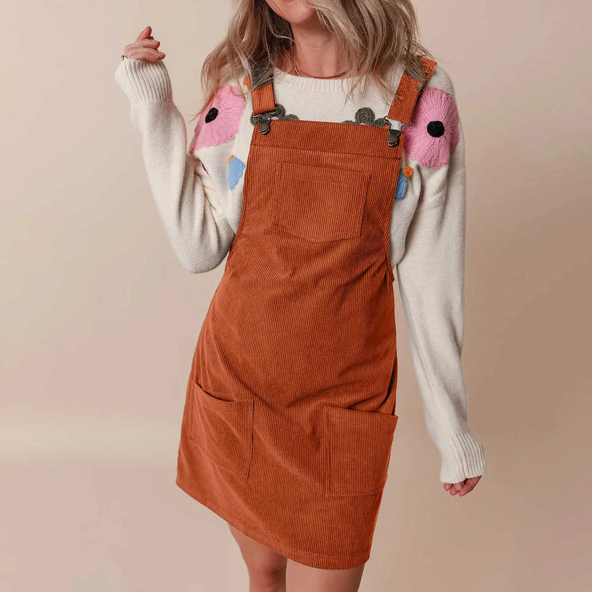Cinnamon Solid Front Pockets Sleeveless Corduroy Overall Dress
