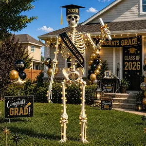 12FT Skeleton Graduation Outfit, Giant Skeleton Clothes Accessories with LED String Lights, Class of 2026 Grad Cap & Tassel, Outdoor Yard Decoration for School & College Grad Party, Skull Not Included