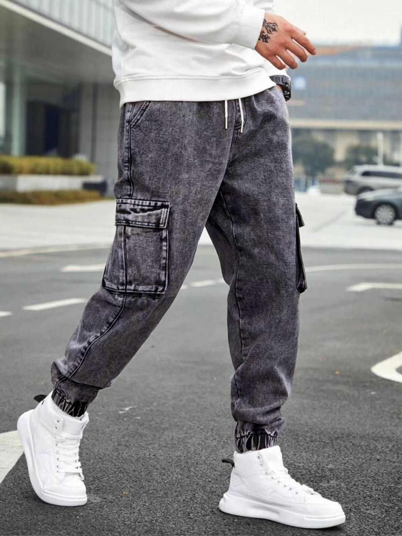 Men's Solid Flap-Pocket Cargo Jeans, Regular Fit Street Fashion Denim Trousers for Daily Wear, Men's Bottoms for All Seasons