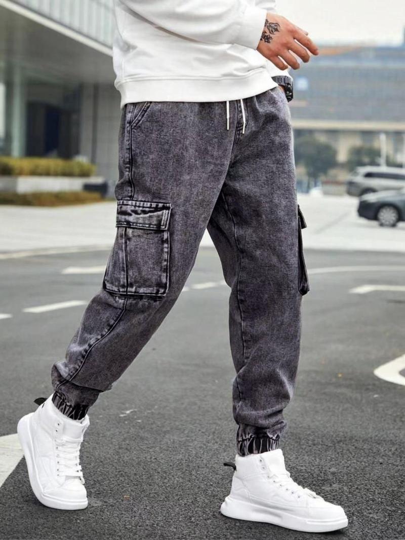 Men's Solid Flap-Pocket Cargo Jeans, Regular Fit Street Fashion Denim Trousers for Daily Wear, Men's Bottoms for All Seasons