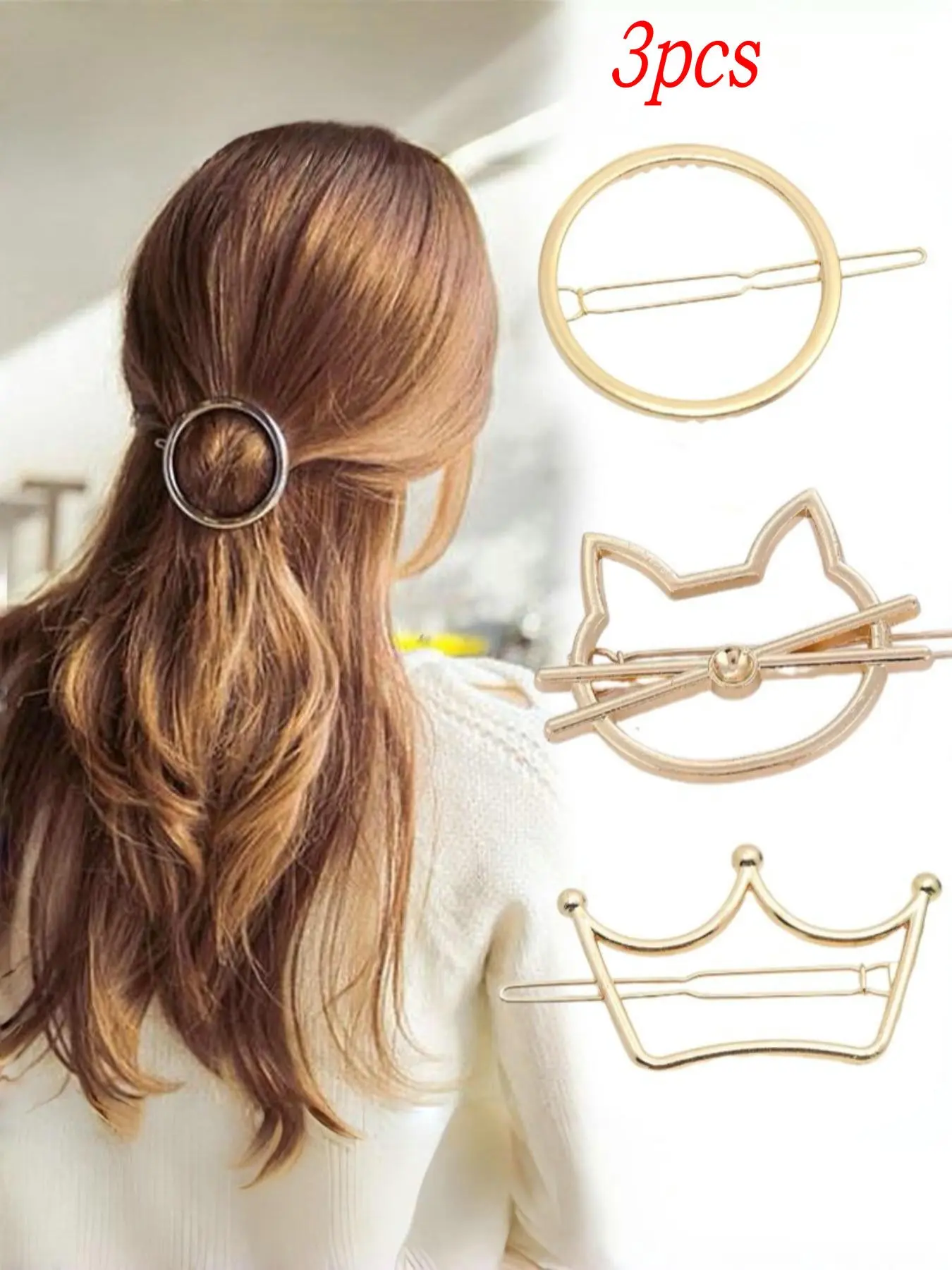 3-Piece Metal Hair Clip Set, Round Crown Hello Kitty Design, Fashion Hollow Out Hair Accessory for Half Updo, Daily Commute Party Use, Cute Hair Accessories