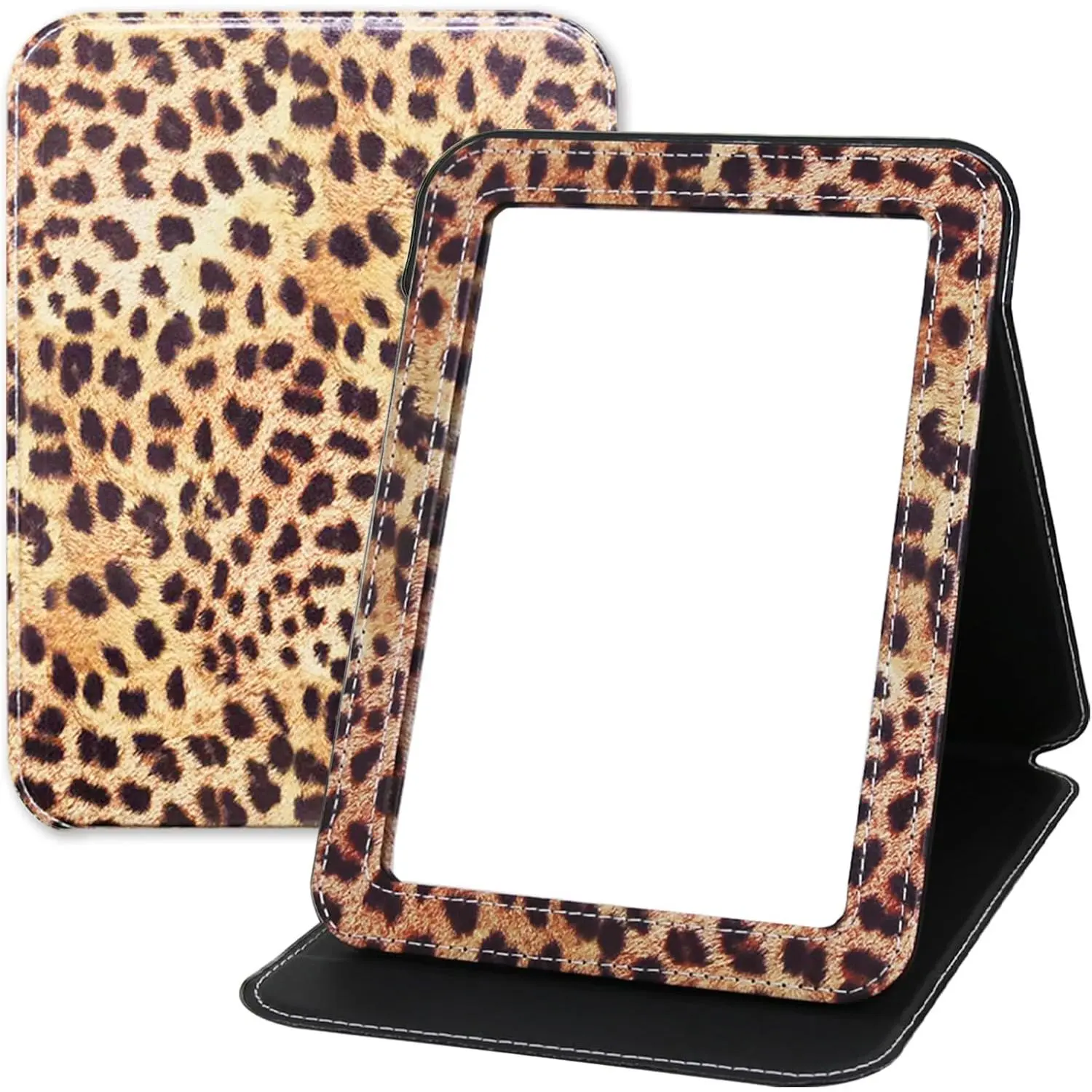 Foldable Travel Makeup Mirror, Portable PU Leather Standing Desk Mirror Rounded Corner, Large Folding Desktop  Mirror with Adjustable Stand for  Table, Office, Camping Leopard Print