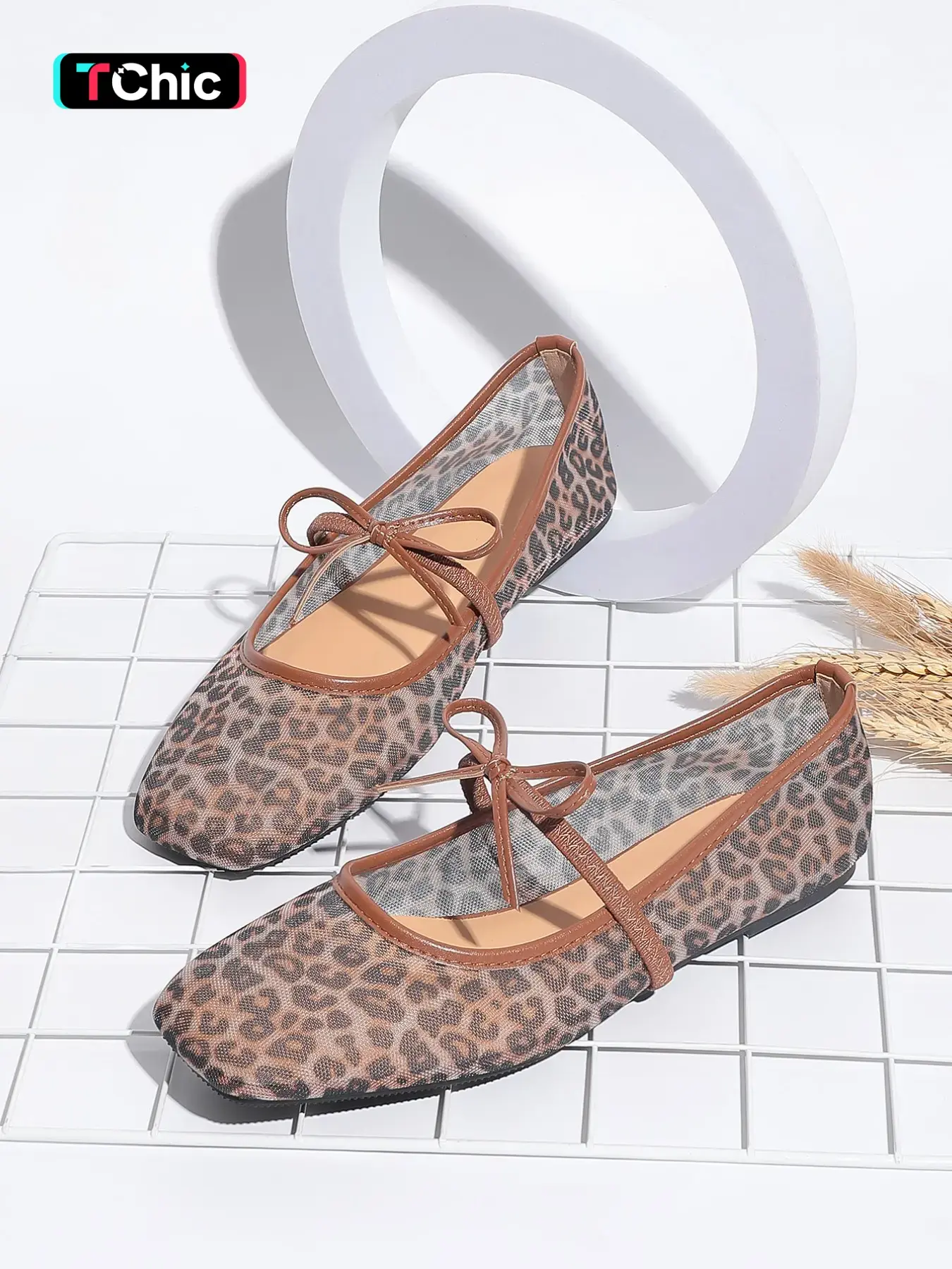 Women's Plus Size Summer Flat Shoes, Fashionable Flats, Square Toe Bow Leopard Print, Soft Sole Mesh Breathable, Fashion Versatile Slip-On Mary Jane Shoes