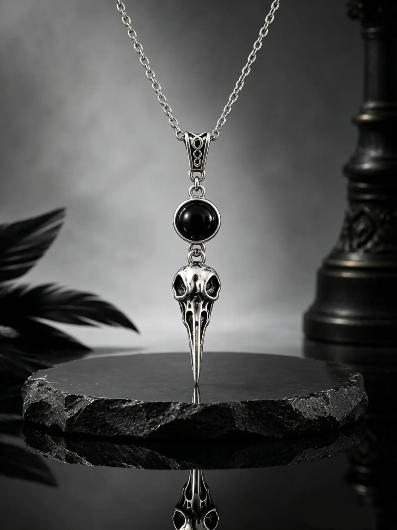 Gothic Crow Skull Necklace with Black Onyx, Unisex Dark Fantasy Jewelry, Punk Statement Skull Chain, Skull Chain Necklace