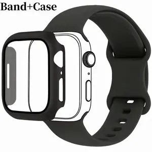 2pcs/set Men Women Soft Silicone Sport Watch Strap, Adjustable Waterproof + 2-in-1 Tempered Film Screen Protector Watch Case for Apple Watch 38/40/41/42/44/45/46/49mm, Compatible with Ultra/SE/11/10/9/8/7/6/5/4/3/2/1, Smart Watch Accessory