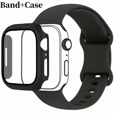 2pcs/set Men Women Soft Silicone Sport Watch Strap, Adjustable Waterproof + 2-in-1 Tempered Film Screen Protector Watch Case Smartwatch Accessories for Apple Watch 38/40/41/42/44/45/46/49mm, Compatible with Ultra/SE/11/10/9/8/7/6/5/4/3/2/1