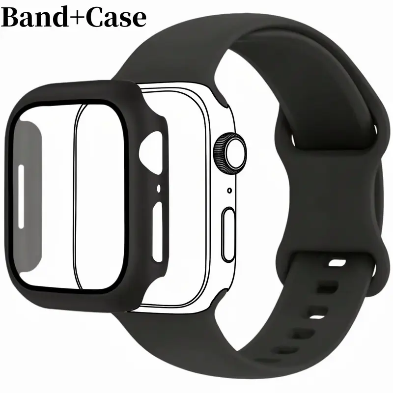 2pcs/set Men Women Soft Silicone Sport Watch Strap, Adjustable Waterproof + 2-in-1 Tempered Film Screen Protector Watch Case Smartwatch Accessories for Apple Watch 38/40/41/42/44/45/46/49mm, Compatible with Ultra/SE/11/10/9/8/7/6/5/4/3/2/1