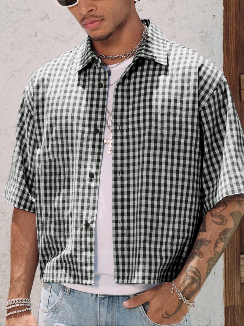 Men's Floral Embroidery Short Sleeve Shirt, Regular Fit Casual Street Retro Gingham Graphic Button Front Top for Summer, Men's Clothes for Daily Wear