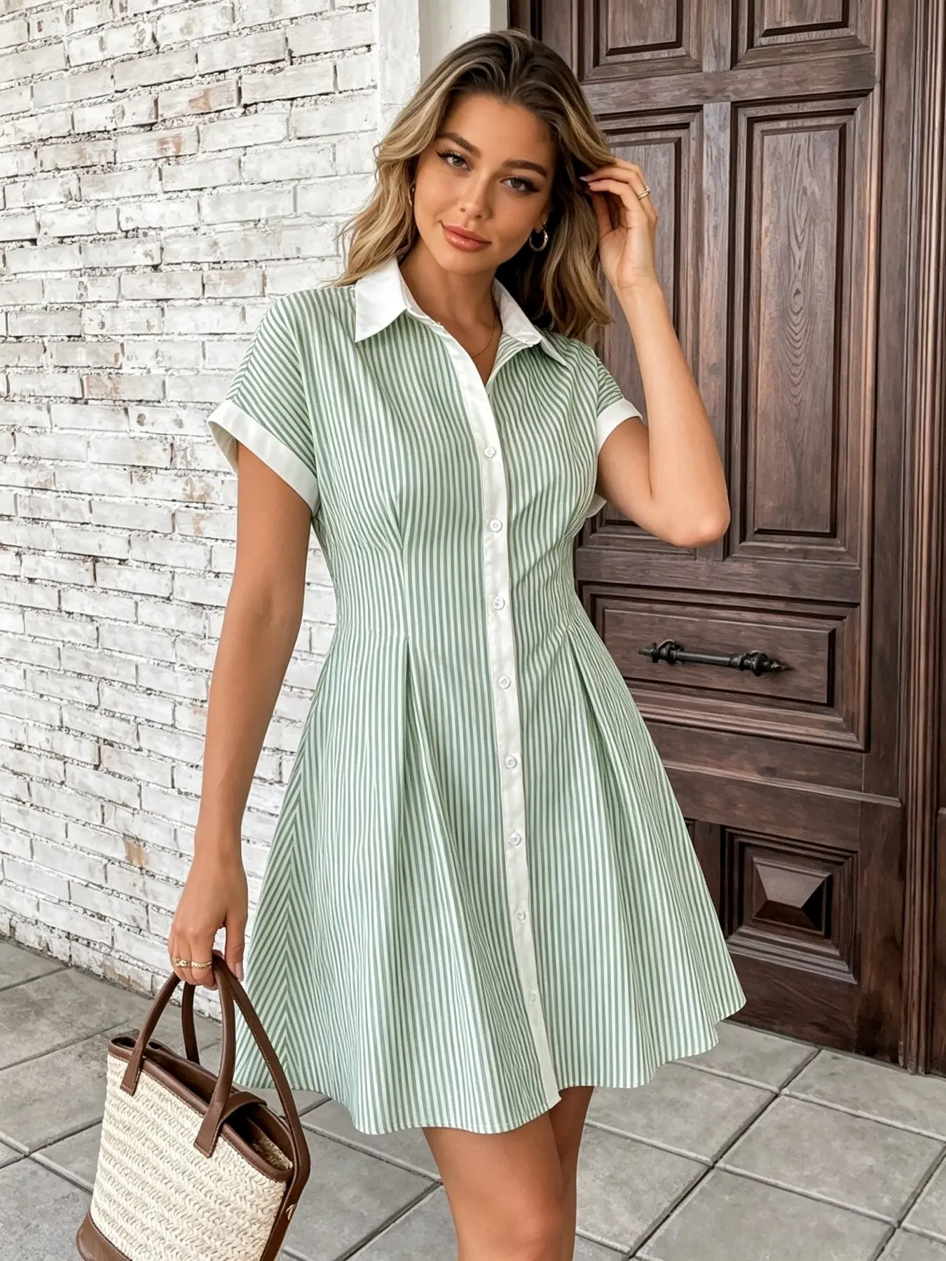 Blue Gingham Contrast Collar Shirt Mini Dress Summer Beach Vacation Sundress Casual Wear Preppy Gingham Short Sleeve Fit Flare Shirt Dress Back Pleat Mini Dress Kawaii Light Blue Plaid Contrast Trim Collar Flowy A Line Shirt Dress