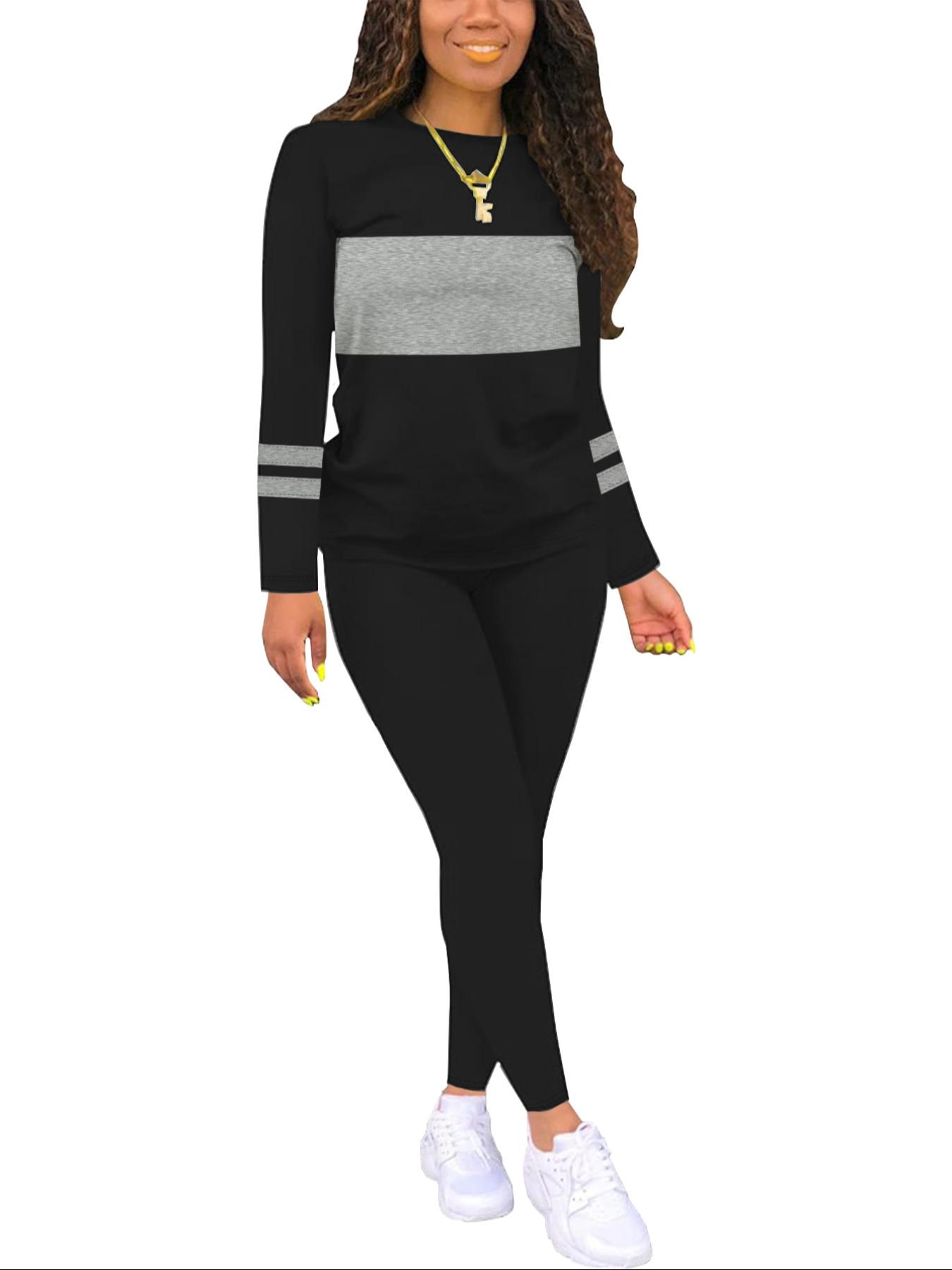 Two-piece Set Women's Colorblock Round Neck Tee & Plain Skinny Pants, Casual Long Sleeve Fitted T-shirt & Trousers for Fall & Winter, Women's Clothes for Daily Wear, Outfit, Womenswear