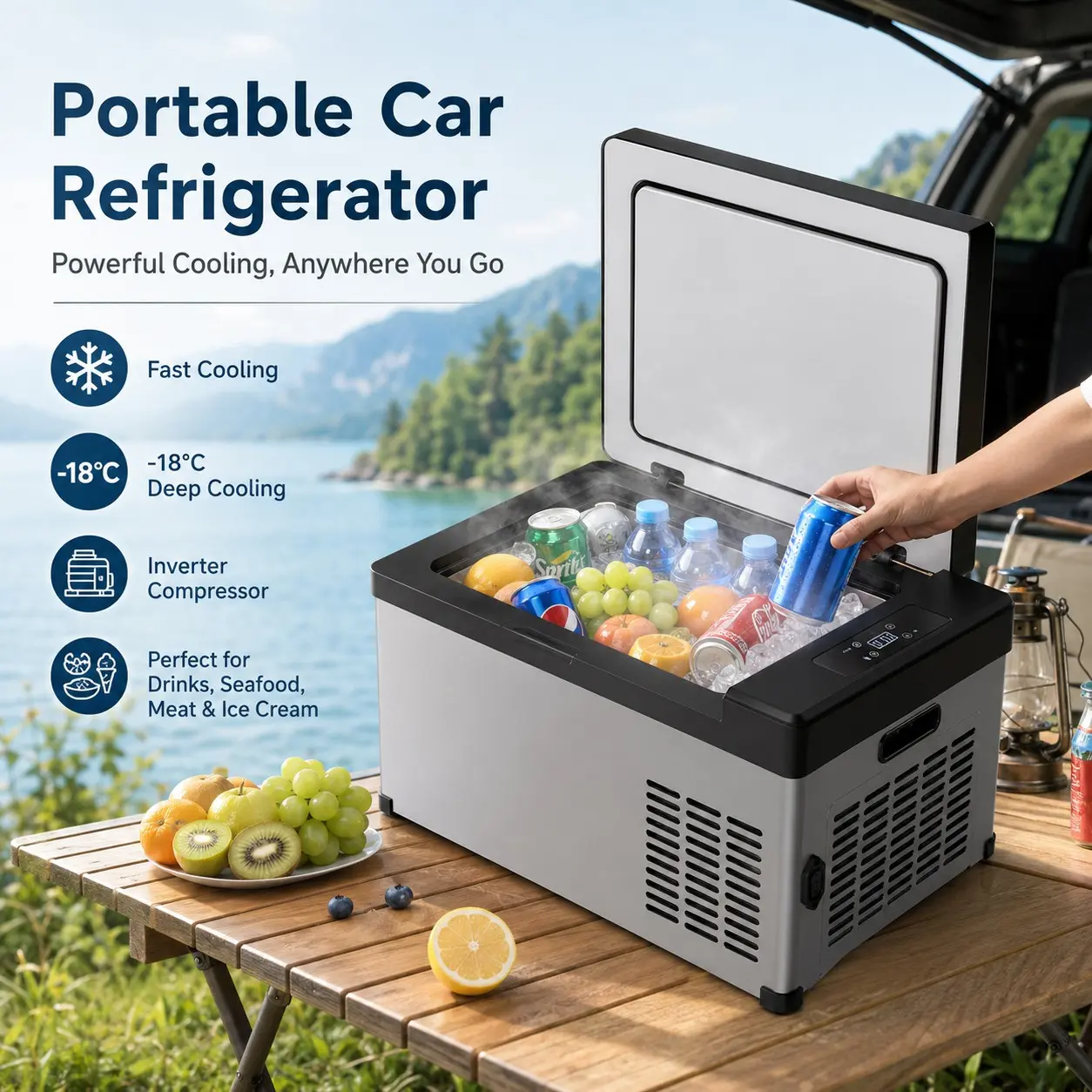 Portable Refrigerator for Camping & Outdoor Use, Single Door Compressor Cooling, Dual Purpose Home & Car, Compact Design