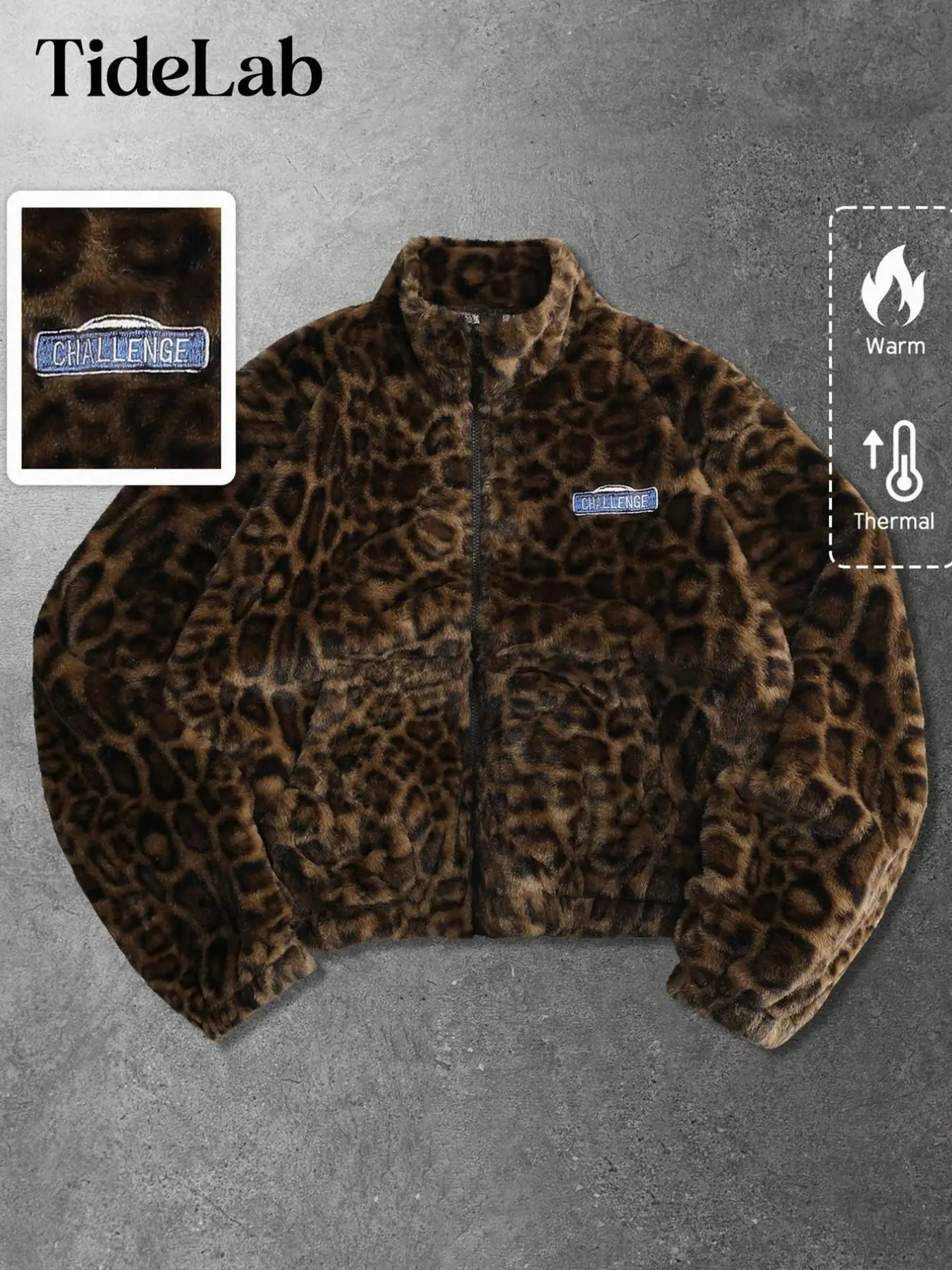 TideLab Leopard Print Faux Fur Jacket Women Men Oversized Full Zip Stand Collar Fluffy Plush Coat Y2K Streetwear Warm Winter Thermal Outwear