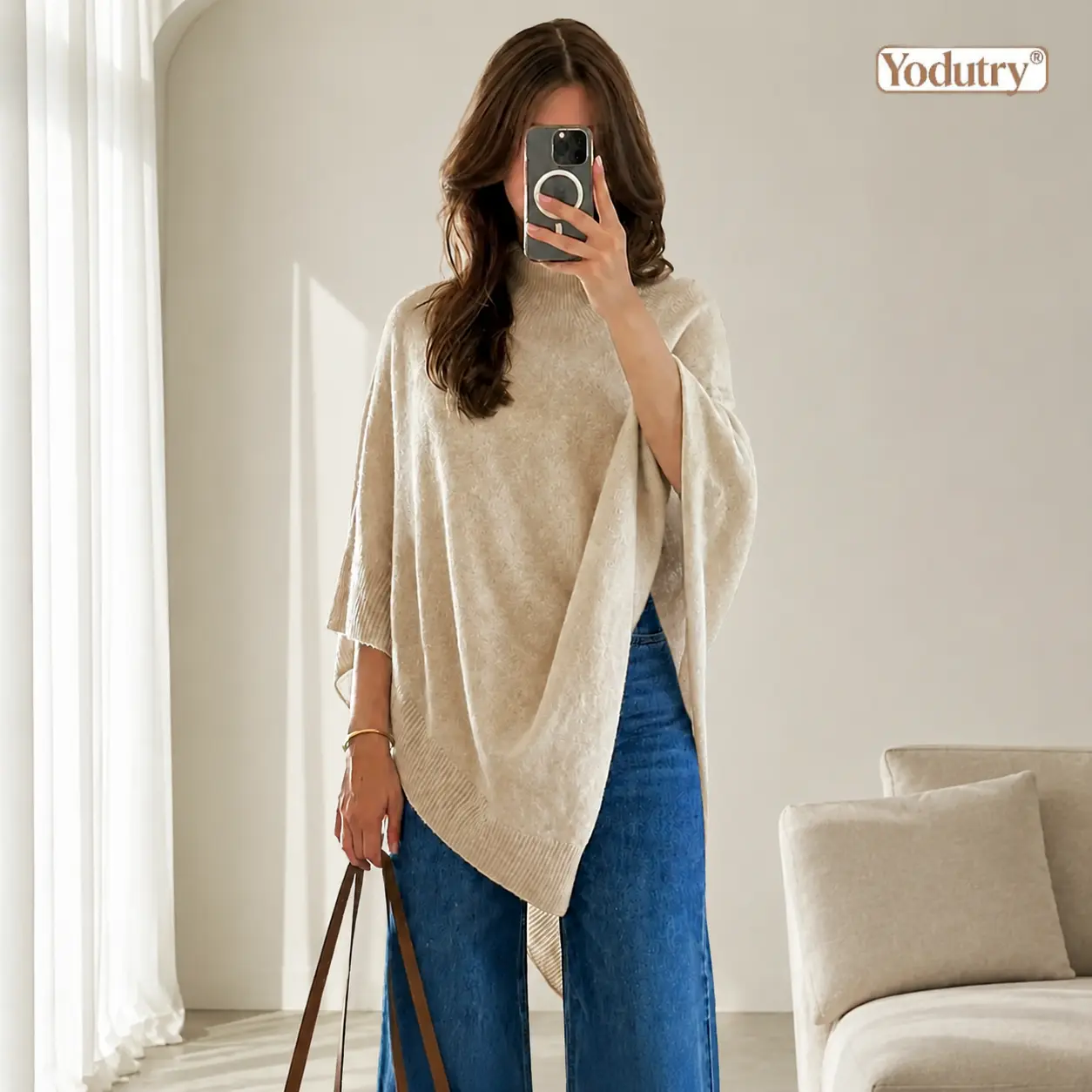 Yodutry Poncho Sweater for Women, Ultra-Soft Asymmetric Knit Top with Mock Neck and Side Slits, Chic Cape for Parties, Bag, Tops, Party, Fits, Style, Slip, Fashion