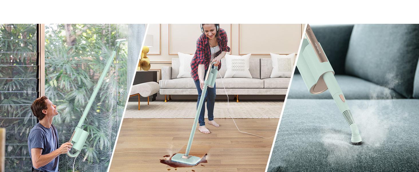Steam Mop & Detachable Handheld Cleaner, 250ml 1200W Powerful Floor Steamer, 3 Adjustable Levels for Carpet Laminate Hardwood Grout, Carpet Glider, 7 Multi-purpose Accessories & 2 Pads