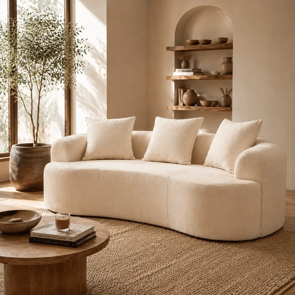 Curved 2-Seater Chenille Sofa, Modern Low-Back Crescent Modular Couch for Living Room, Deep Cushions, Self-Inflating Foam-Filled, No-Assembly Required, White Chenille Fabric, Apartment Convertible Furniture