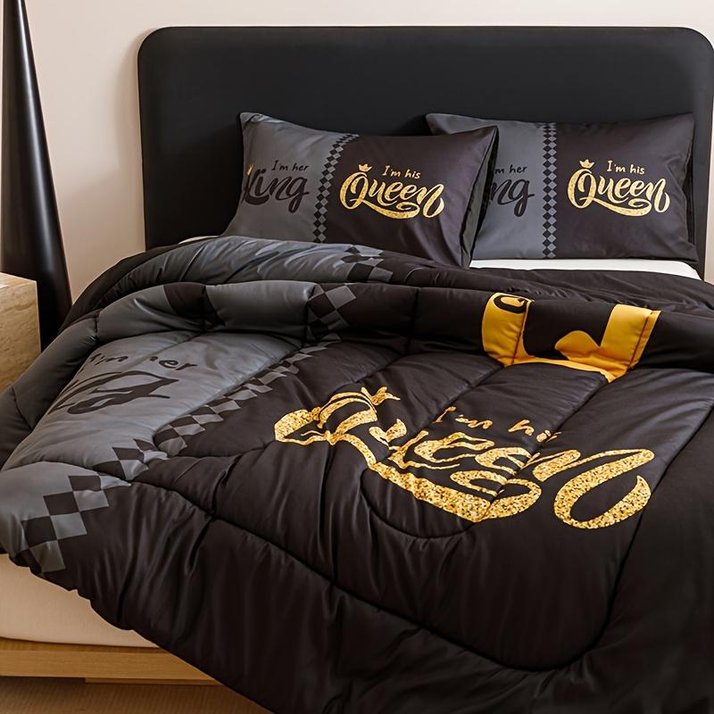 3pcs Super Soft Breathable Quilt Set - Black Grey Color Blocking, Thickening Crown Letter Design | 1 Comforter + 2 Pillowcases, 180gsm Quilting, Digital Printing for Bedroom