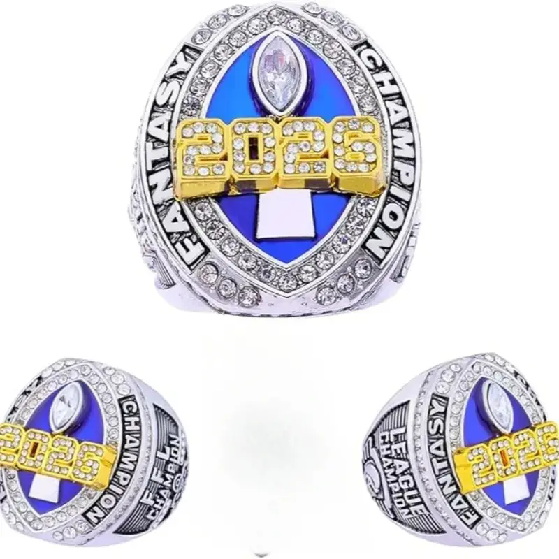 Men's Fantasy Football Championship Ring, Trophy-Style Gold and Silver-Plated Alloy Collectible with Rhinestones, Stackable 2024-2026 Series with Wood Display Box, Size 11, Stackable Rings, Collectibles, Championship Rings