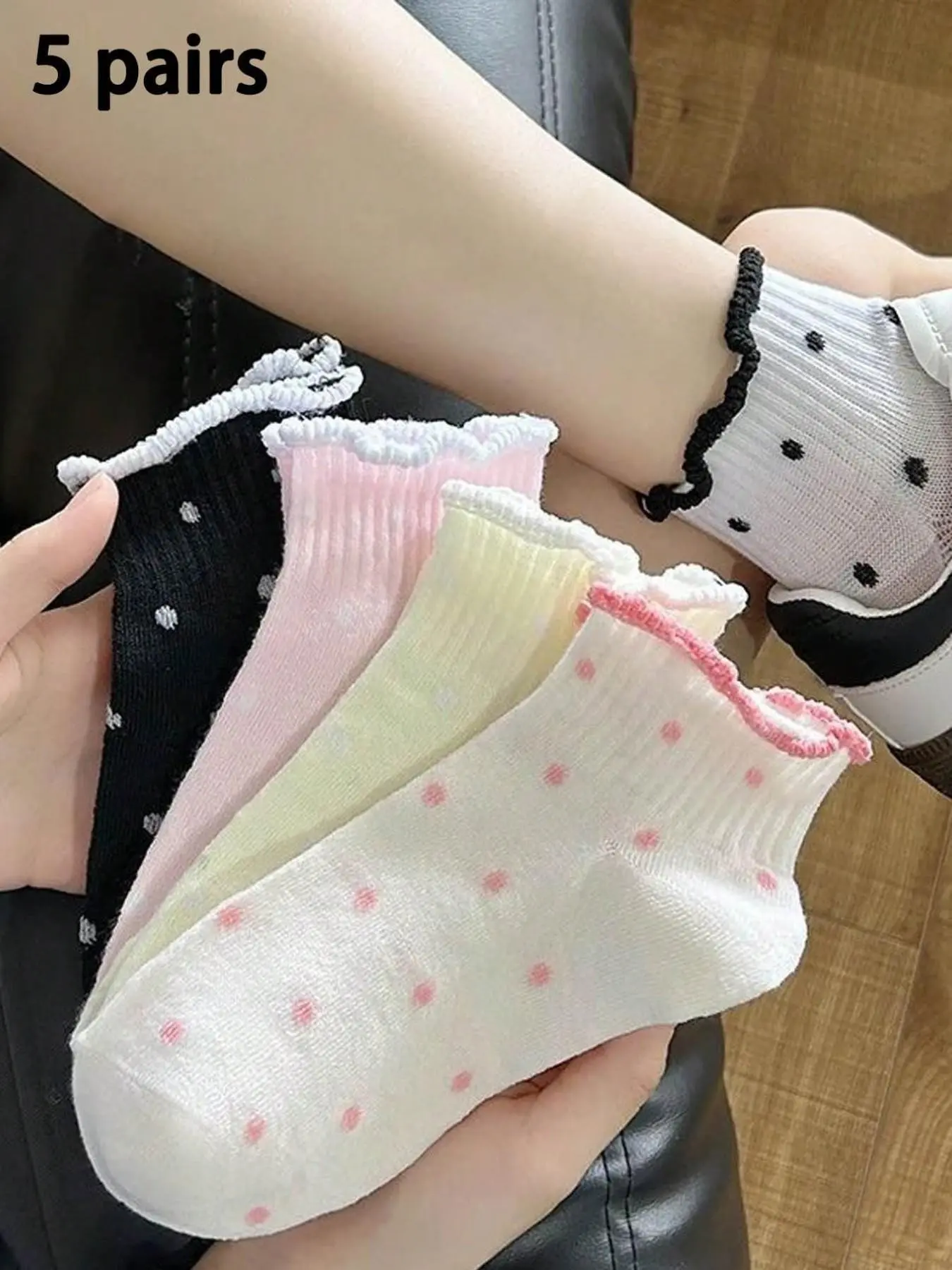 5 Pairs Women's Socks, Colorful Polka Dot Ruffle Short Socks, Low Calf, Spring Summer, Comfortable Soft, Casual Fashion, Daily Wear