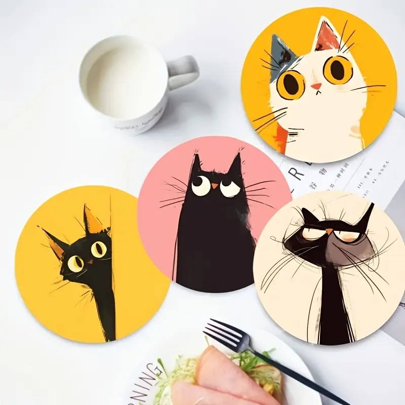 A 6-piece wooden coaster set with cute cat patterns, suitable for mugs and tea cups. It is ideal for use in offices, kitchens, and desks. It is a must-have for cat lovers as a housewarming gift