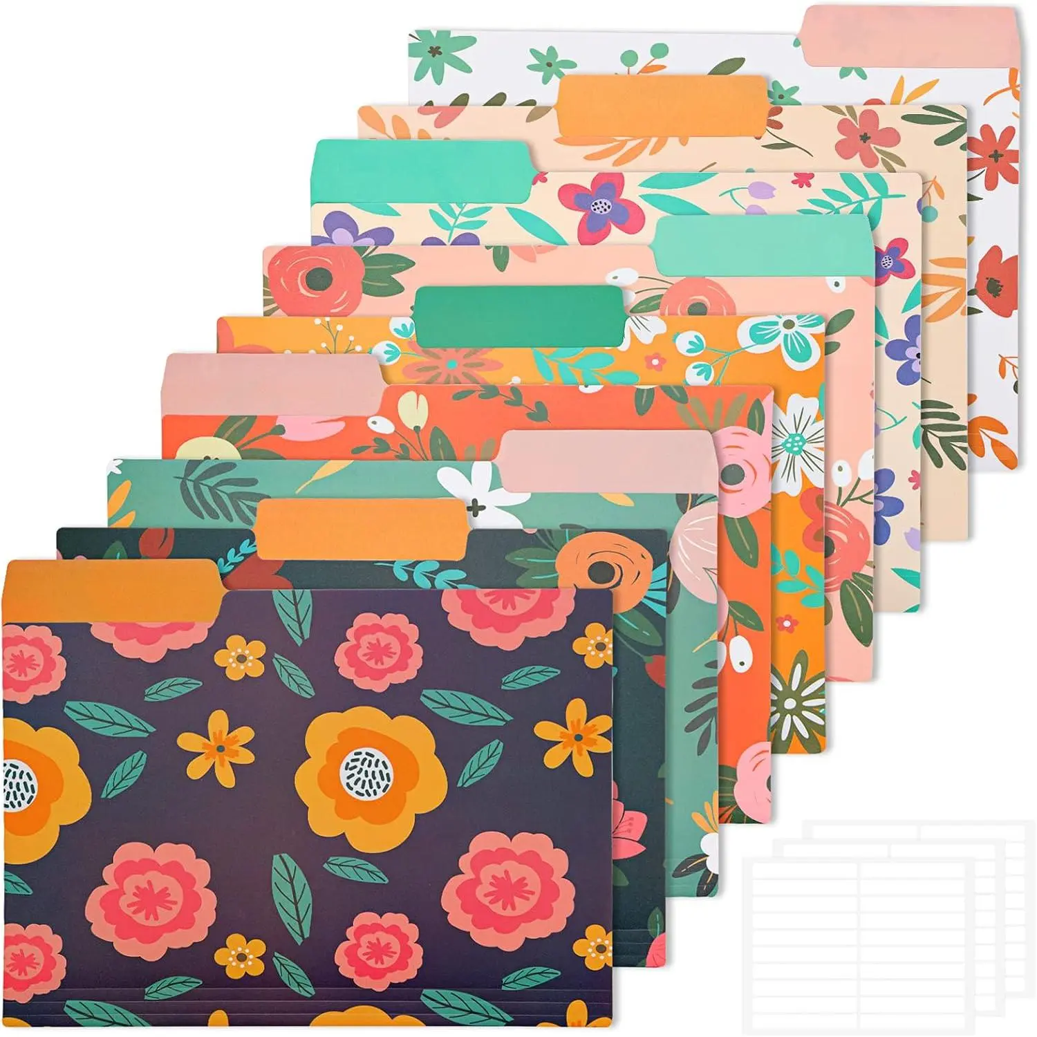 9 count Decorative File Folders Letter Size, 1/3-Cut Tabs Plastic File Folders for Documents with Colorful Floral Patterns and Erasable Category Labels for Notes Office and School Supplies