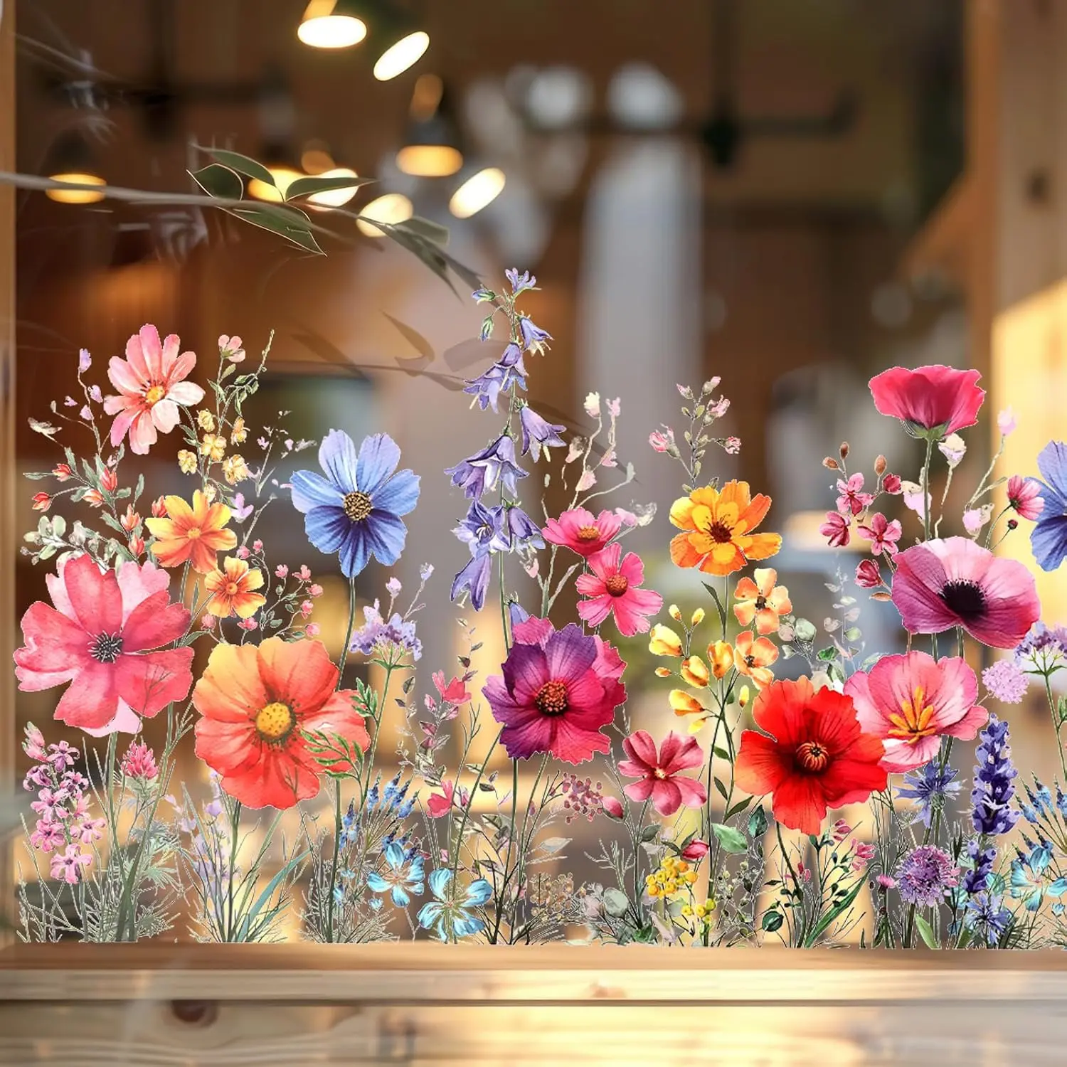 Flower Window Sticker, Double Sided Floral Glass Wall Stickers Flower Window Clings Wildflower Grass  for  Glass Door Office Decor