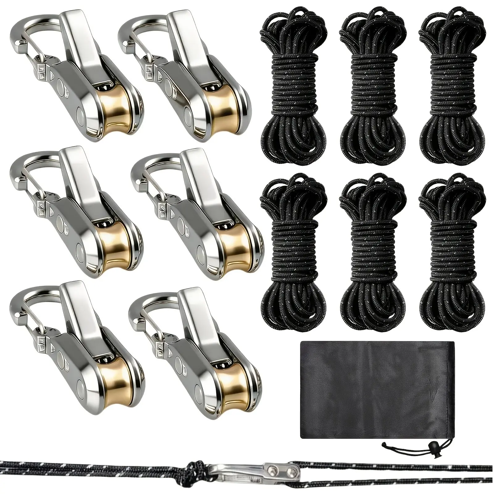 13-Piece Rope Set with Wheel Tightener, Locking Clip and Carabiner, Ideal for Camping, Sailing, Hiking, and Outdoor Activities, Secure Binding Solution