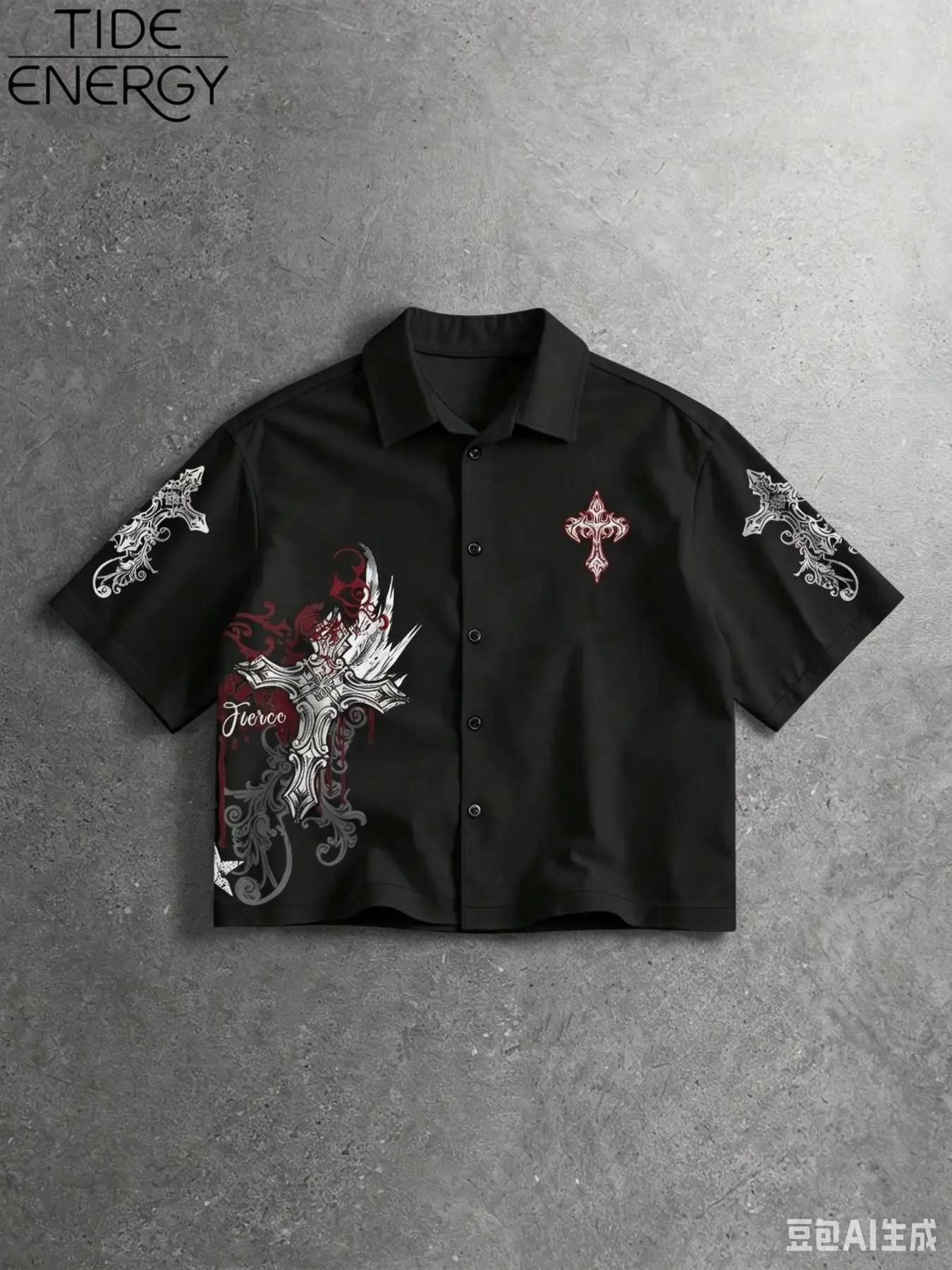 Men's Y2K Goth Style Short Sleeve Fitted Button Front Shirt with Geometric Cross Print, Lightweight Casual Top for Street Style, Streetwear & Weekend Wear, Breathable Summer Urban Attire, Casual Wear Clothing, Menswear