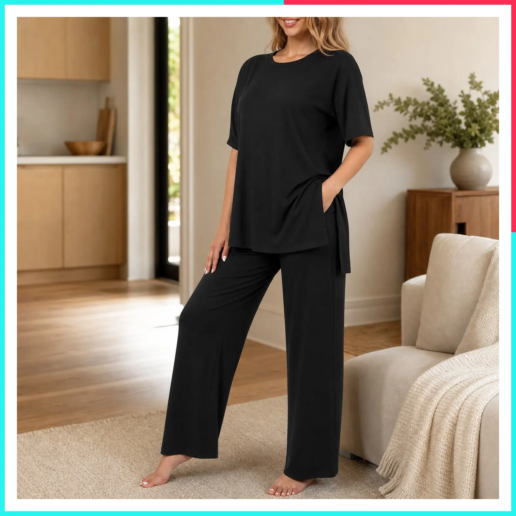 Women's 2 Piece Pajama Lounge Set Short Sleeve Top & Long Pants with Pockets Loose Loungewear Sleepwear Summer Fall Casual Outfit Maternity Postpartum Clothes