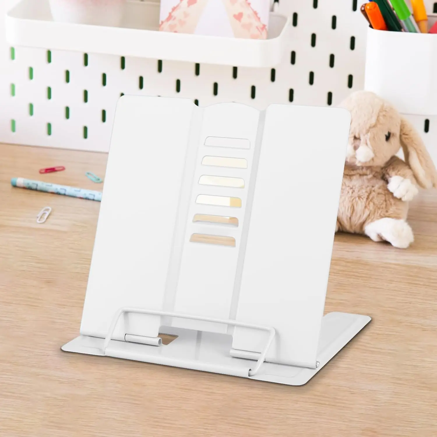 Small Book Stand Book Holder Metal Desk Stand for Reading Hands Free, Adjustable Cookbook Documents Holder, Portable for  Books, Textbook, Recipe, Tablet, Ipad,  Gifts (White)