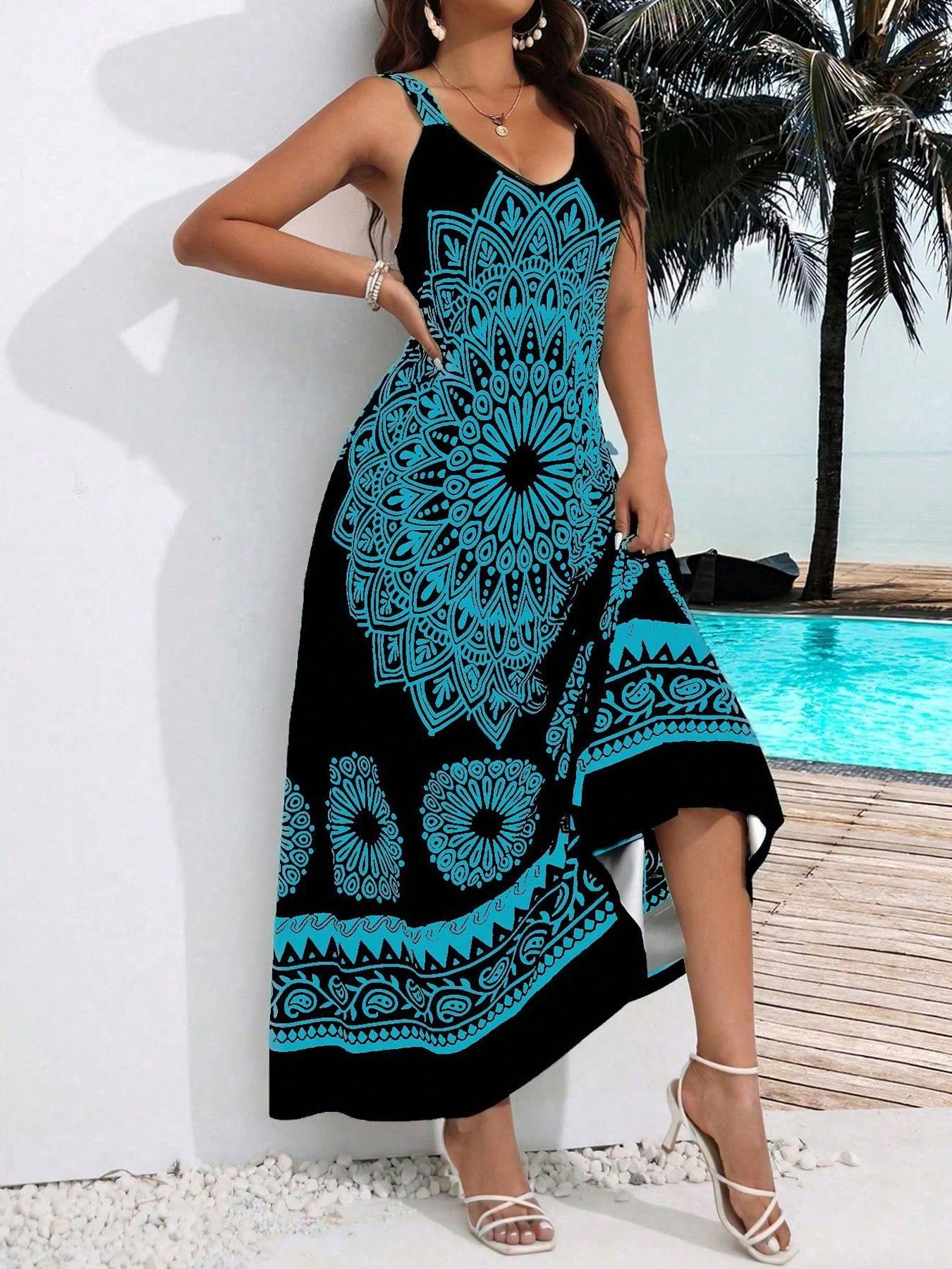 Plus Size Ethnic Pattern Backless Scoop Neck Cami Fitted Dress, Casual Boho Fashion Sleeveless A Line Long Dress for Beach Holiday Vacation, Women's Plus Clothing for Summer