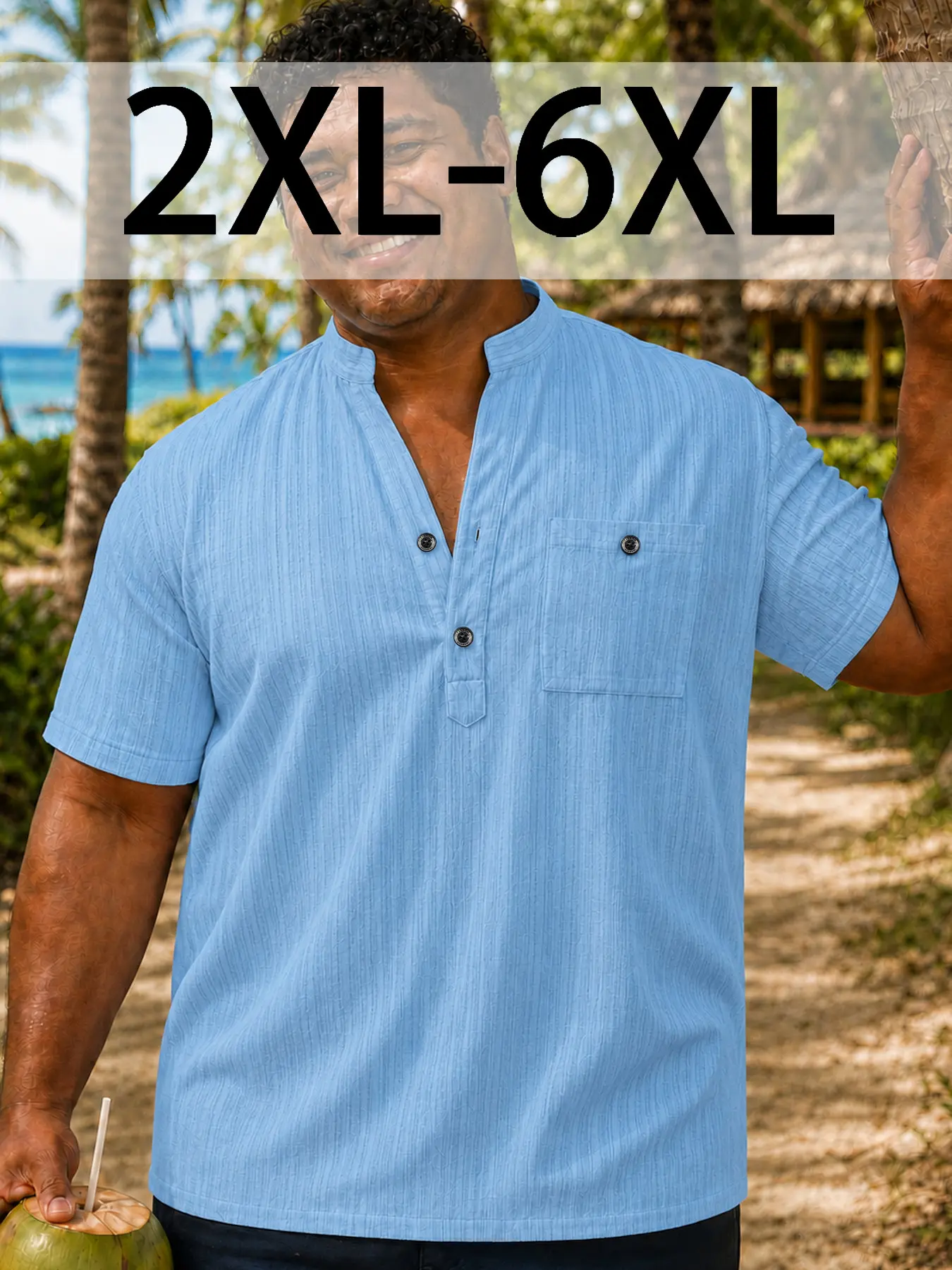 Large Size Men's Henry Shirt V Neck T-Shirt (2xl-6xl), Casual Style, Chest Pocket Design, Breathable and Easy to Wear, Ideal for Beach and Pool Parties
