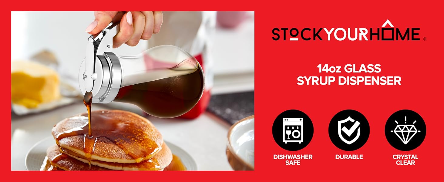 14 oz Glass Syrup Dispenser With No Drip Bottle for Maple Syrup, Honey, Pancake Mix, or Sugar - Dishwasher Safe Container With Metal Easy Pour Lid (414mL)