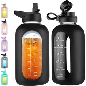 CIVAGO 64 oz Glass Water Bottle Jug with Straw and Handle, Half Gallon Sports Motivational Water Bottle with Time Marker, Wide Mouth Flask Canteen with Silicone Sleeve for Gym, BlackGift