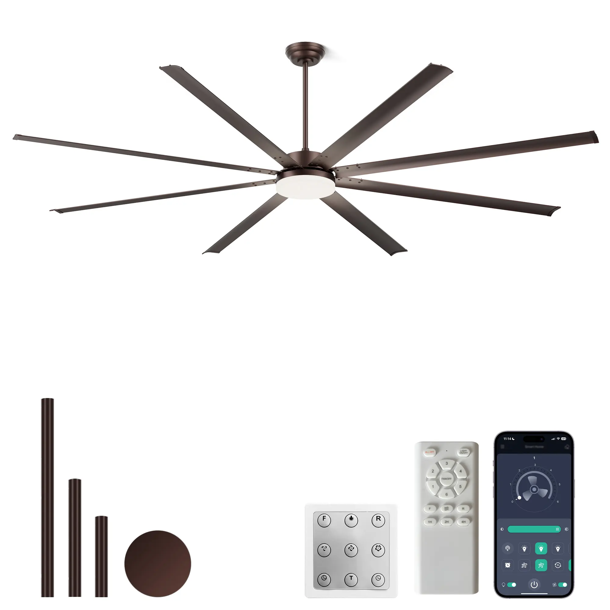 96-Inch Industrial DC Ceiling Fan with Light Kit, 8 Aluminum Blades, 6-Speed Motor, 3 Down Rods, Remote Control, Commercial-Grade for Porch, Garage