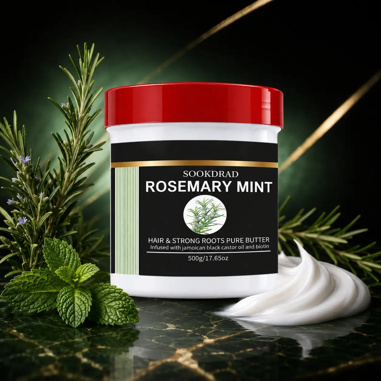 Rosemary Mint Pure Hair Butter, infused with Jamaican Black Castor oil and biotin, for strong roots, daily hair nourishment, 500g