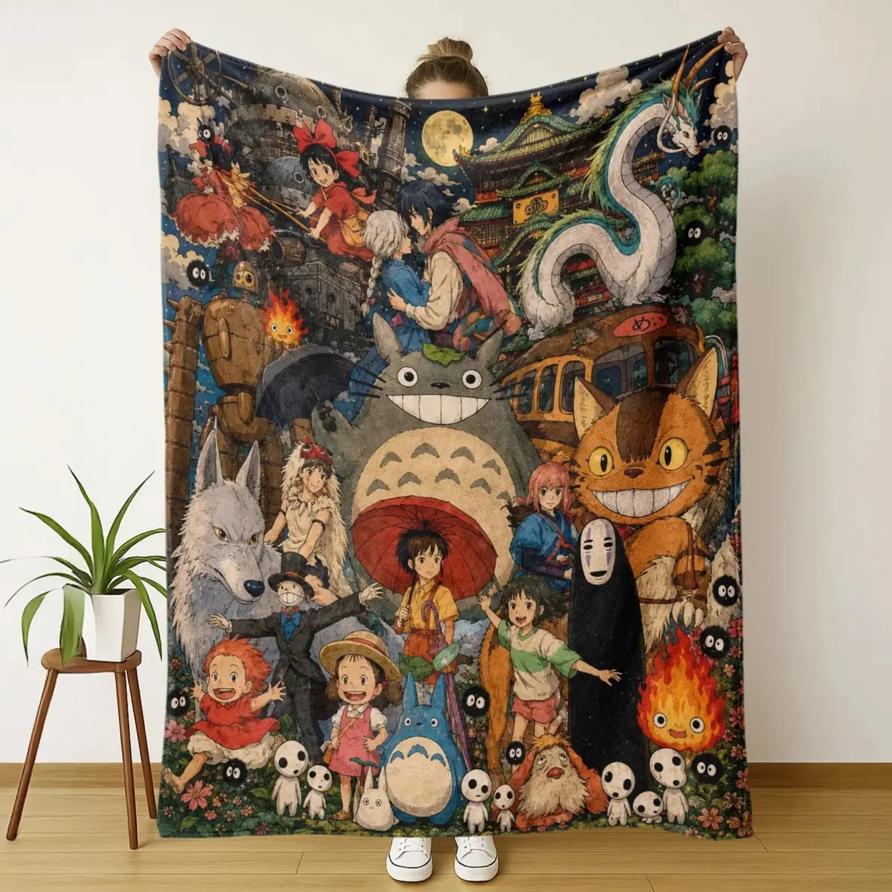 Studio Ghibli All Characters Flannel Blanket Throw Colorful Anime Illustration Starry Night Cozy Y2K Otaku Room Decor Bedding Sofa Cover Cute Gift