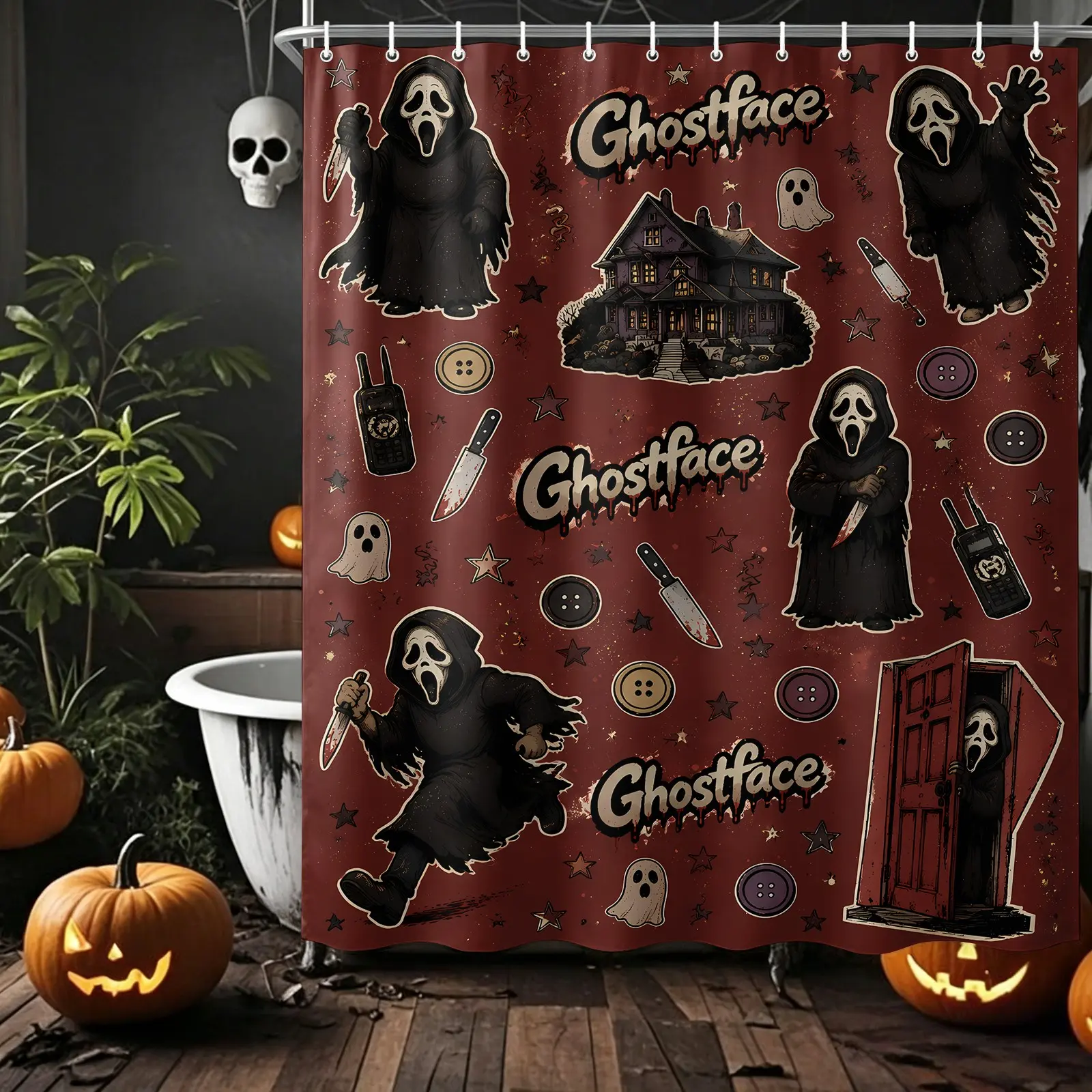 Vintage Brick Red Ghostface Old House Dagger Ghost Cartoon Sticker Style Bath Curtain, Waterproof Oxford Anti-Mold with 12 Hooks Easy Install, Privacy Shower Curtain, Halloween or Fans Bathroom Decor