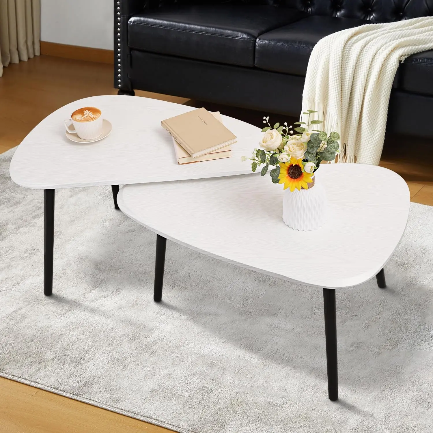 Set of 2 White Triangle Nesting Side End Tables, Space-Saving Stacking Coffee Table Set, Mid-Century Modern Design for Living Room Bedroom, Easy Assembly, 150lb Capacity