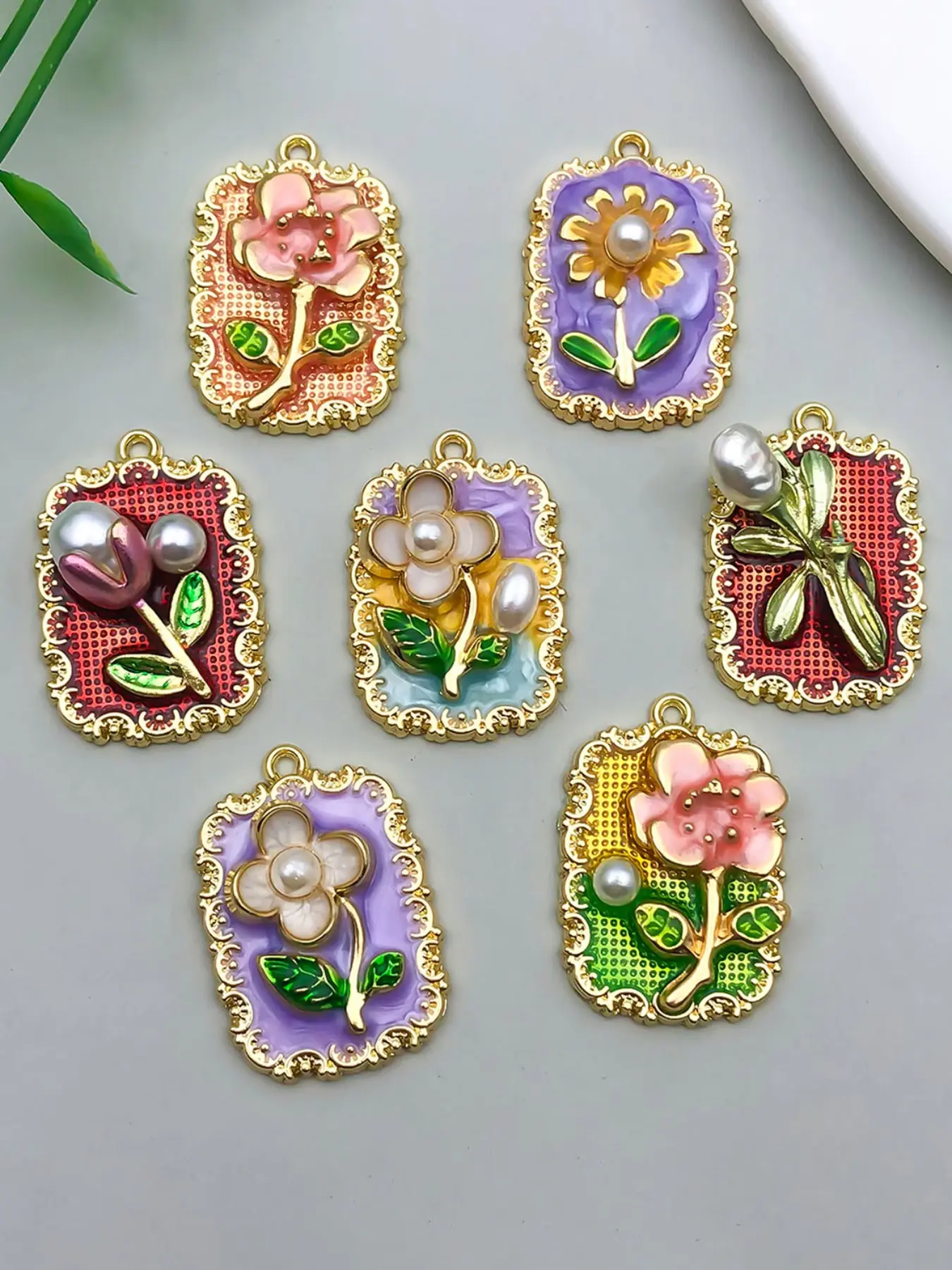Vintage 7pcs 27x19mm Alloy Charms Square Oil Painting Three-Dimensional Flower Pendants For DIY Earrings Necklace Supplies