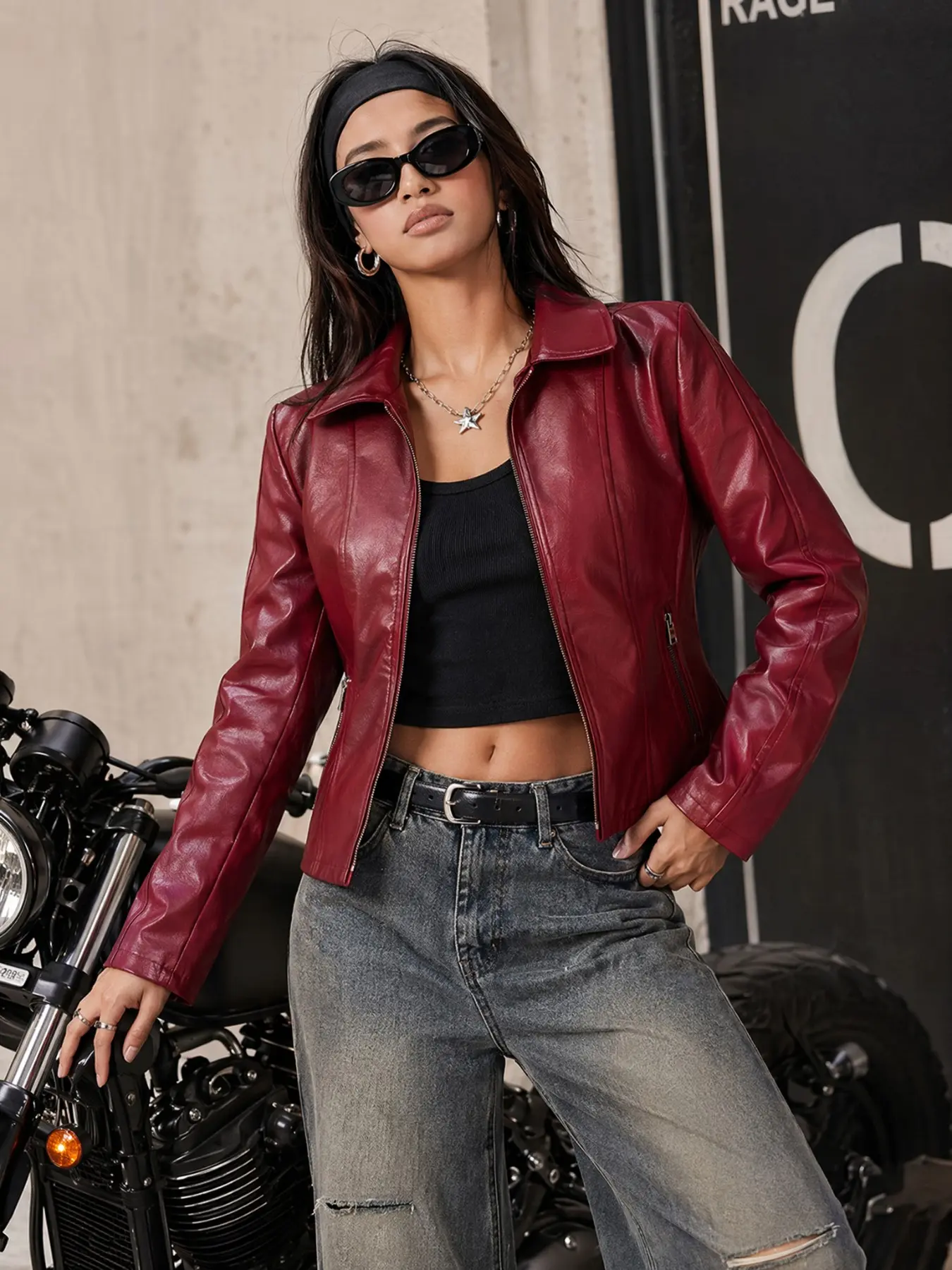 Women Burgundy Faux Leather Moto Jacket, Slim Fit Long Sleeve Lapel Design, Casual Streetwear Style, All-Season Outerwear