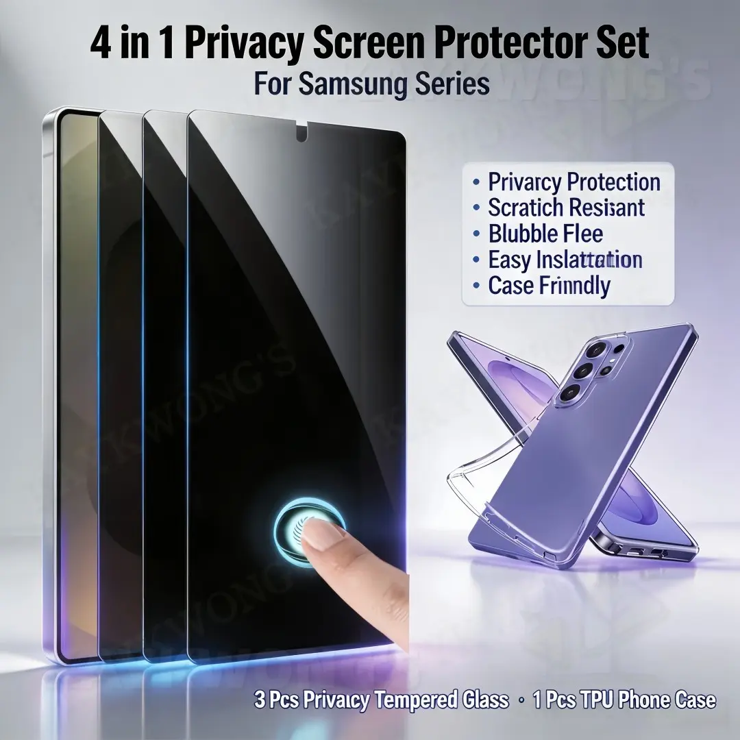 KAYKWONG'S 3 Piece Privacy Glass and 1 Tpu Case for Galaxy S26 Ultra/S25 Ultra/S24 Ultra/S26/S25/S24/S23/Plus/S22/S21/S20 FE/S23+ 9h Hardness Screen Protector, Fingerprint Unlock Support