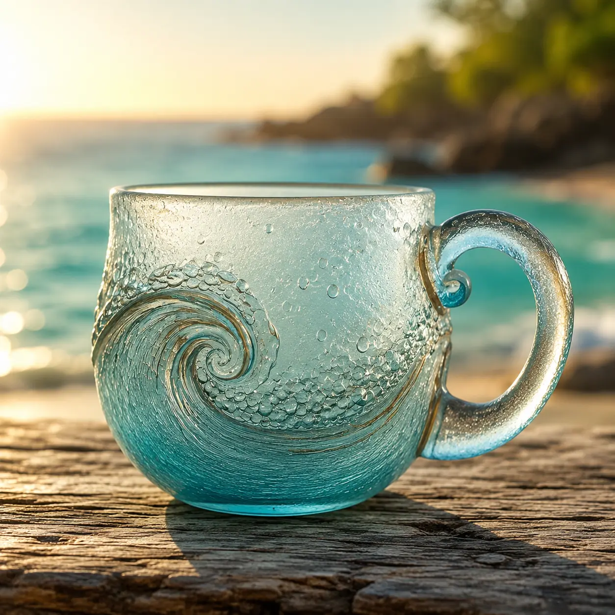Handmade Sea Glass Wave Coffee Mug – 12 oz (300ml) Handblown Ocean Wave Glass Cup, Sky Blue Frosted Beach-Themed Drinkware for Tea, Wine, Coastal Home Decor Accent & Gift