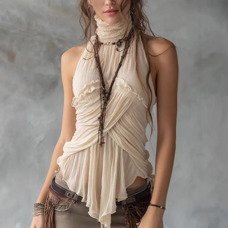 Women's Elegant Pleated Tank Top with Cross High-Neck, Chic Sleeveless Blouse for Date Night, Available in Sizes S, M, XL, Date Night Top